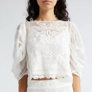 NWT Farm Rio Guipire Short Sleeve Blouse Size XS White Crochet Pineapple Beachy